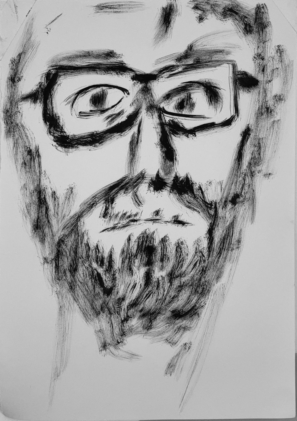 Brush and ink drawing of a bearded person wearing glasses looking straight ahead