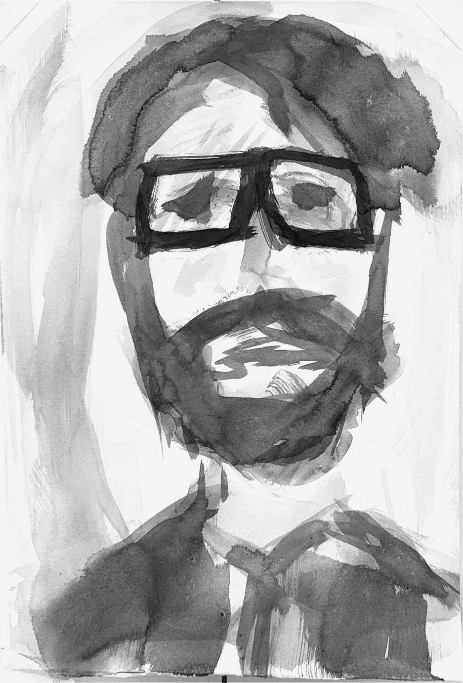 Brush and ink drawing of a bearded person wearing glasses looking straight ahead — this one a little more impressionistic than the first two, with larger, rougher brushstrokes
