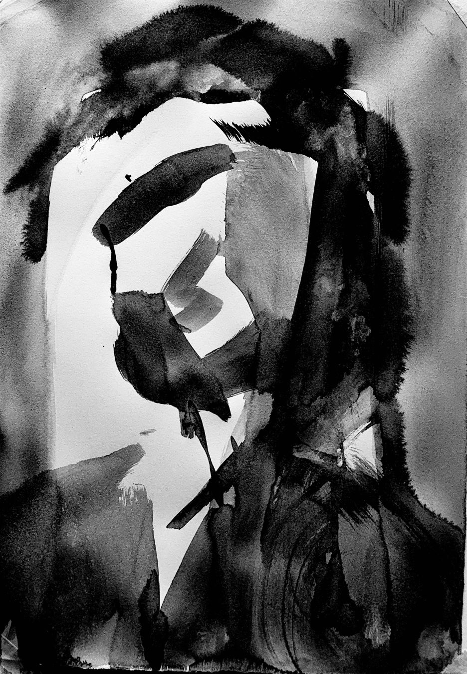 Abstract brush and ink drawing of a bearded person wearing glasses looking off to one side.

Actually this one went wrong but it looks sort of interesting anyway.